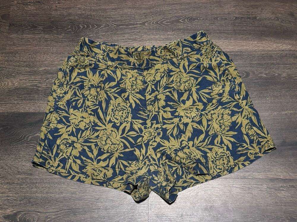 Madewell Shorts SZ M Blue NO929 Floral Pull-On PP5513 100% Linen Coastal Summer